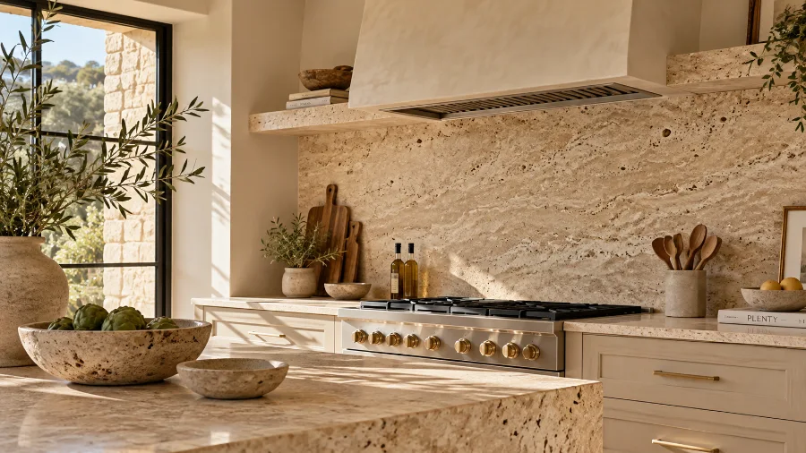 Warm travertine tile backsplash with wood cabinets