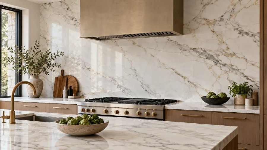Large-format marble-look porcelain kitchen backsplash