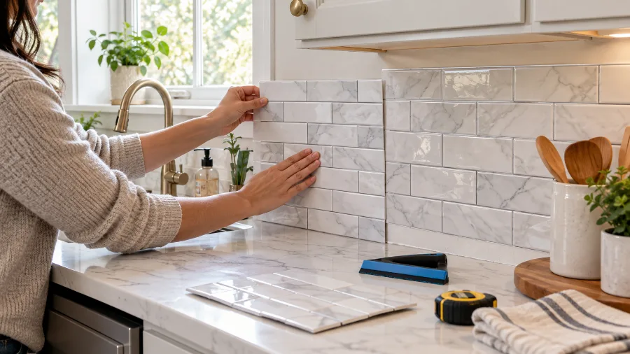 Peel-and-stick backsplash tiles being applied to a kitchen wall