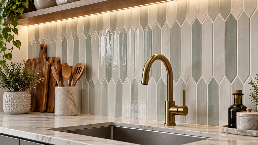 Elongated picket-shaped backsplash tiles