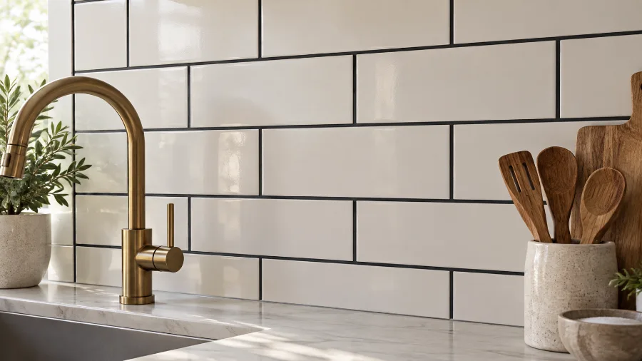 White backsplash tile with charcoal grout lines