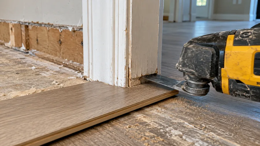 Undercutting a door jamb with an oscillating tool using a scrap plank as a guide