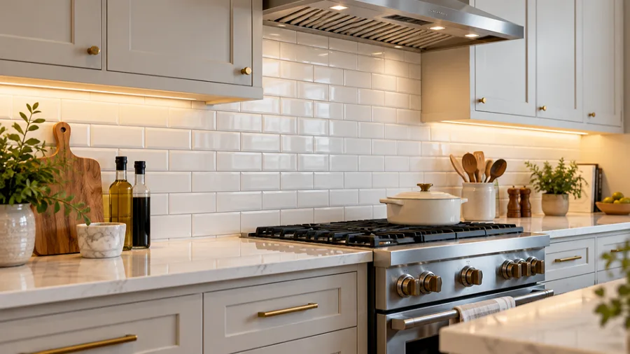Warm white subway tile backsplash with soft gray grout