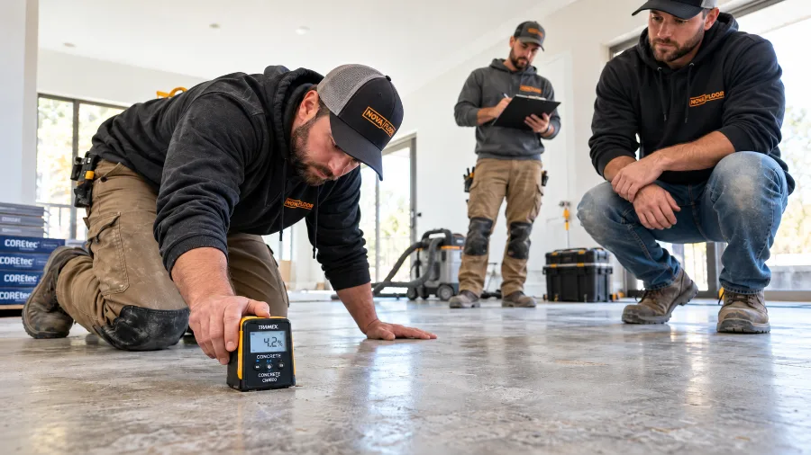 Moisture meter testing a concrete slab before installing vinyl plank flooring