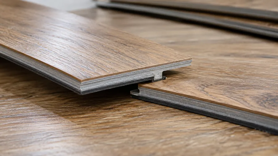 Close-up of click-lock tongue and groove edge on a vinyl plank