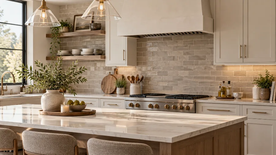 Warm gray tile backsplash with stainless kitchen appliances