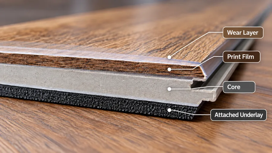 Cross-section of an SPC vinyl plank showing wear layer, print layer, and rigid core