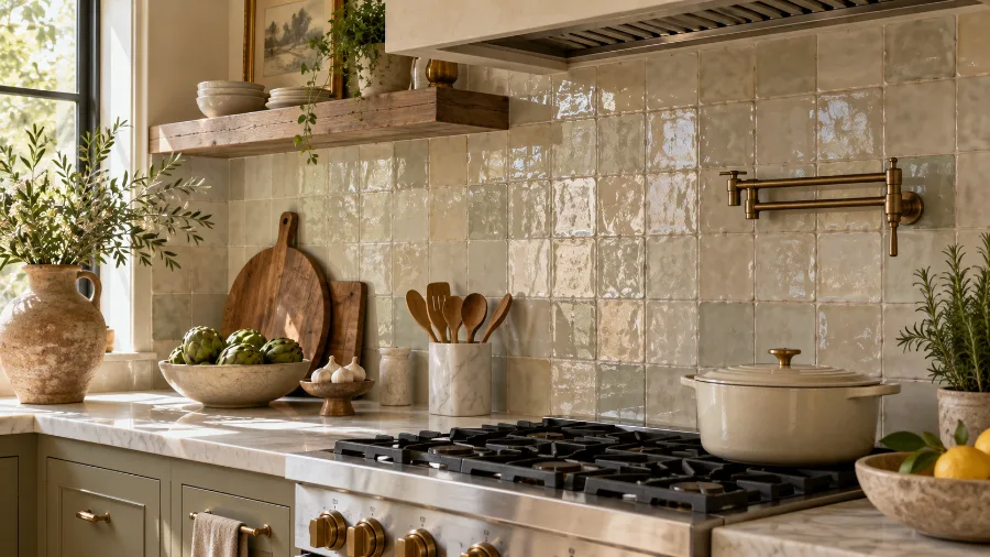 Glossy handmade-look zellige backsplash with uneven tile edges