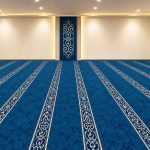 Navy Blue Mosque Carpet with arch and geometric border patterns