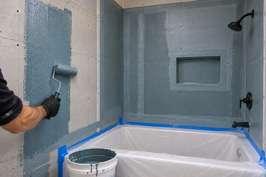 applying liquid waterproofing membrane to shower wall cement board