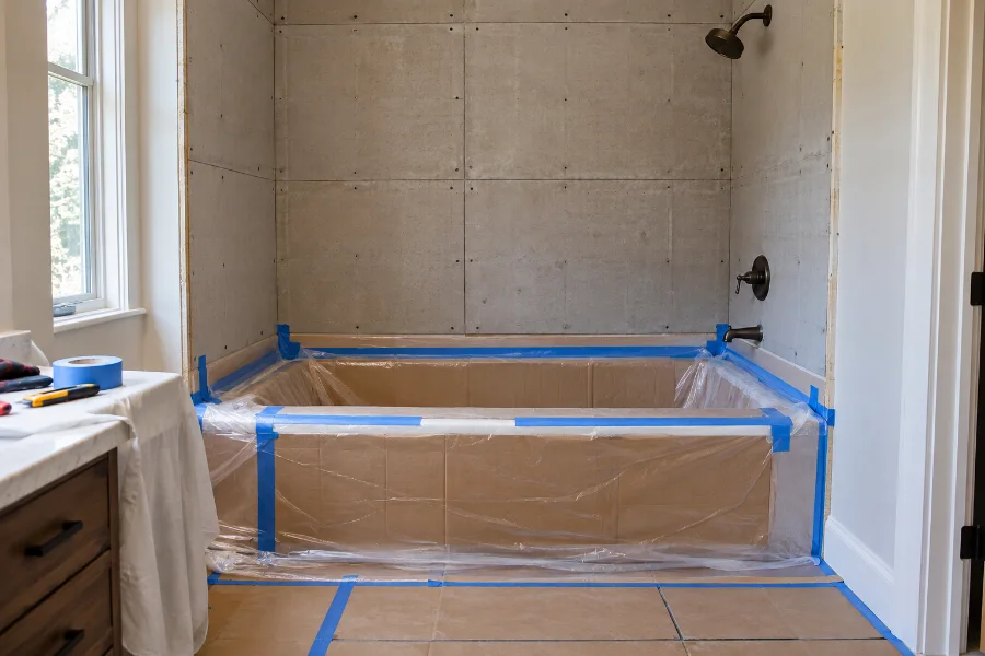bathtub covered with cardboard and plastic before shower wall demolition