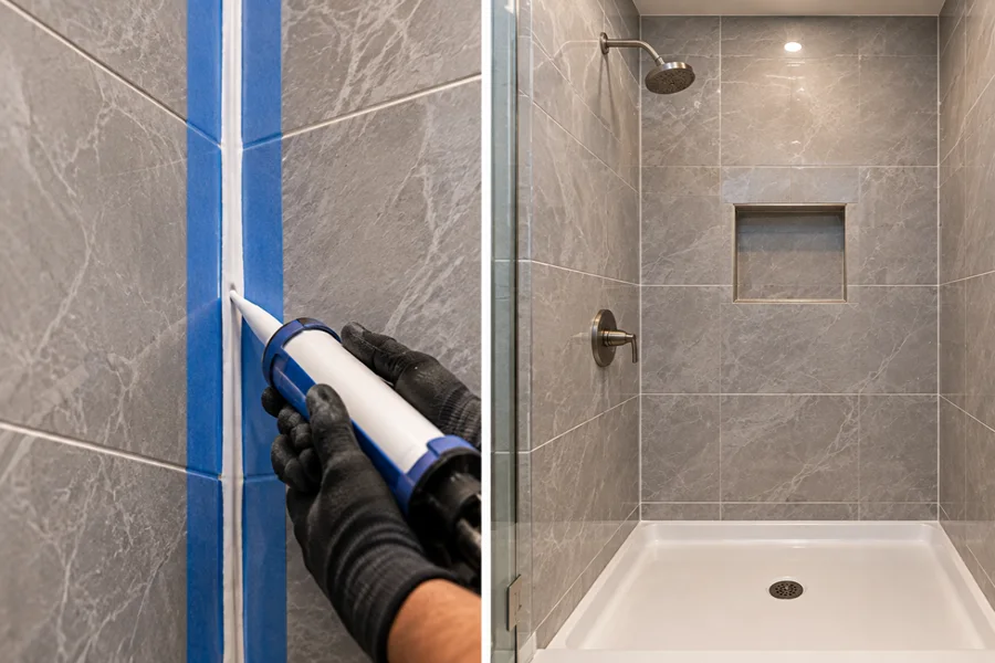 caulking the inside corner of a newly tiled shower wall with silicone