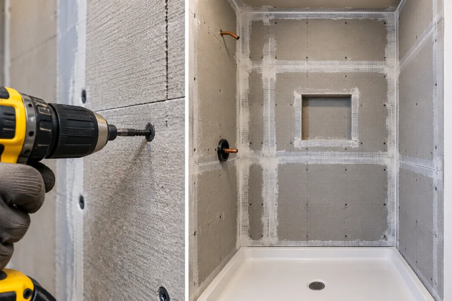cement board screwed to shower wall studs with mesh-taped seams