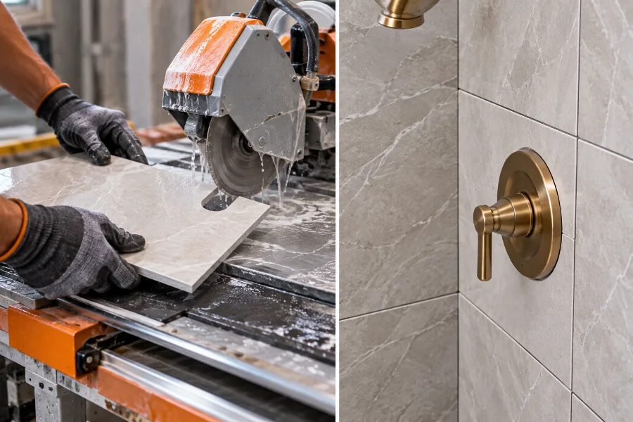 cutting tile with a wet saw to fit around a shower valve
