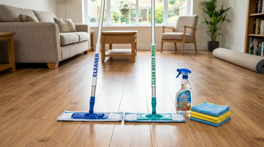 Deep cleaning laminate floor with one mop for cleaner and a second mop for a clean-water rinse pass