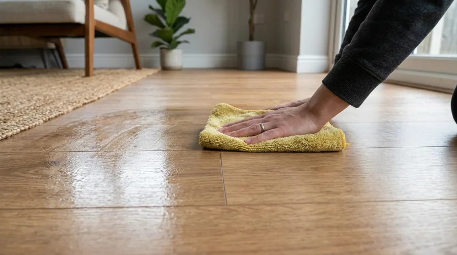 Dry microfiber cloth wiping moisture off a freshly mopped laminate floor section