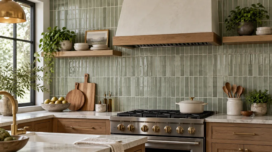 Vertically stacked rectangular tile backsplash