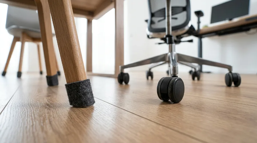 Felt pad on a chair leg and rubber office chair castors protecting laminate flooring from scratches