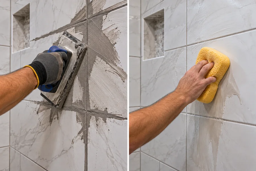 grouting shower wall tile with a rubber float held at an angle