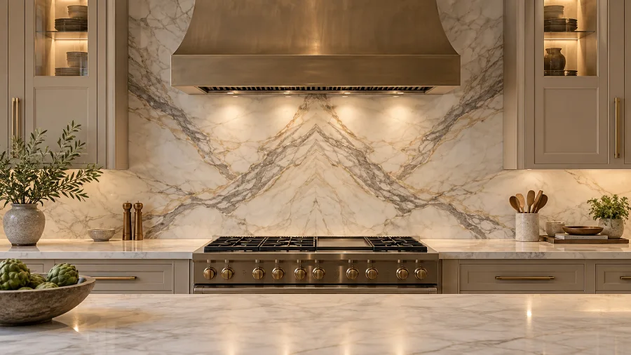 Bookmatched stone slab backsplash behind a stove