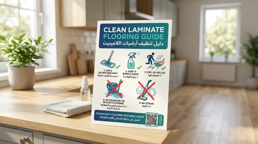 Printable laminate floor care card in English and Arabic with simple do and don't cleaning rules for helpers