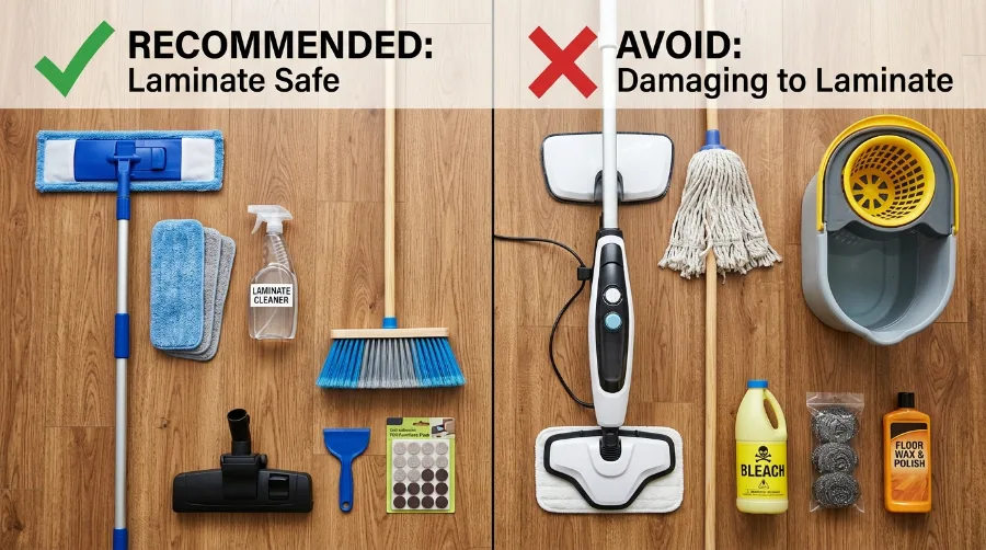 Laminate floor cleaning tools to use, like a microfiber mop and spray bottle, beside tools to avoid, like a steam mop and steel wool