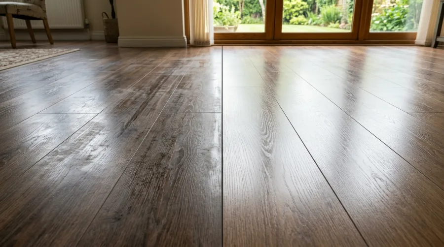 Laminate floor with cloudy mop streaks before cleaning and a clear, streak-free finish after a rinse pass