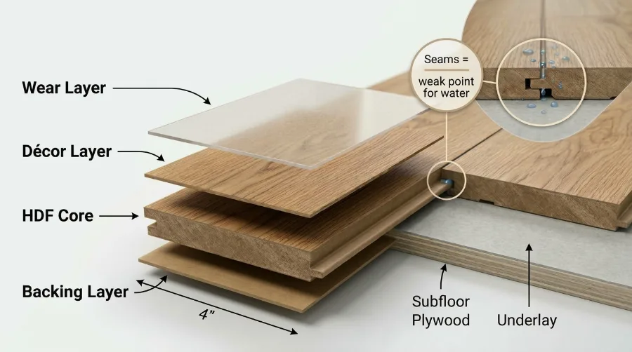 Diagram of laminate flooring layers: wear layer, décor layer, HDF core and backing, with seam marked as water weak point