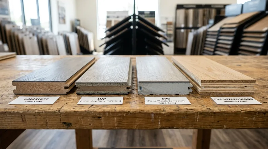 Edge view of laminate, LVP, SPC and engineered wood flooring samples showing their different core materials