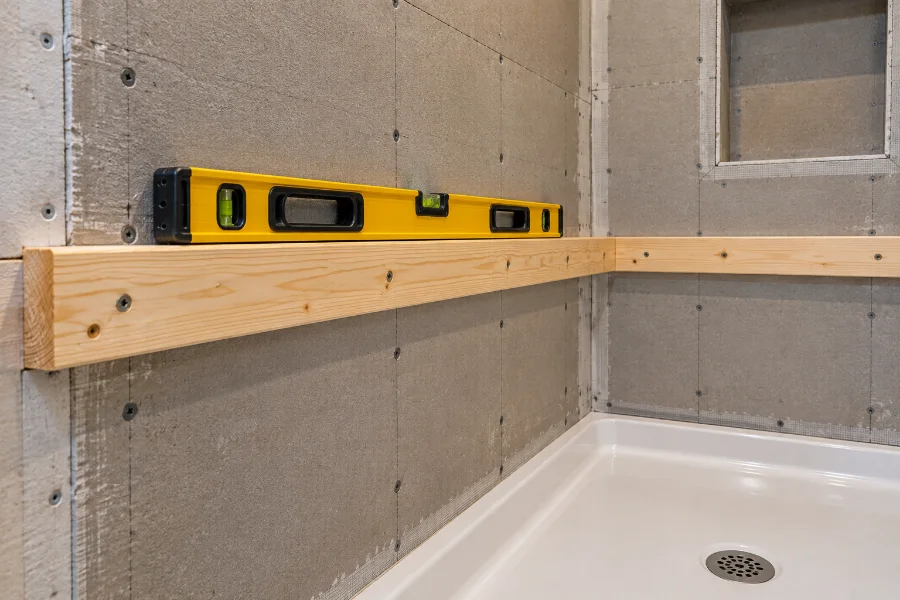 level ledger board screwed above bathtub to start first row of shower tile