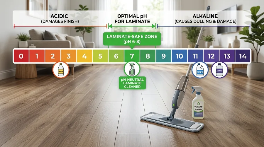 pH scale showing the laminate-safe range around pH 6 to 8, with vinegar acidic and bleach and ammonia alkaline