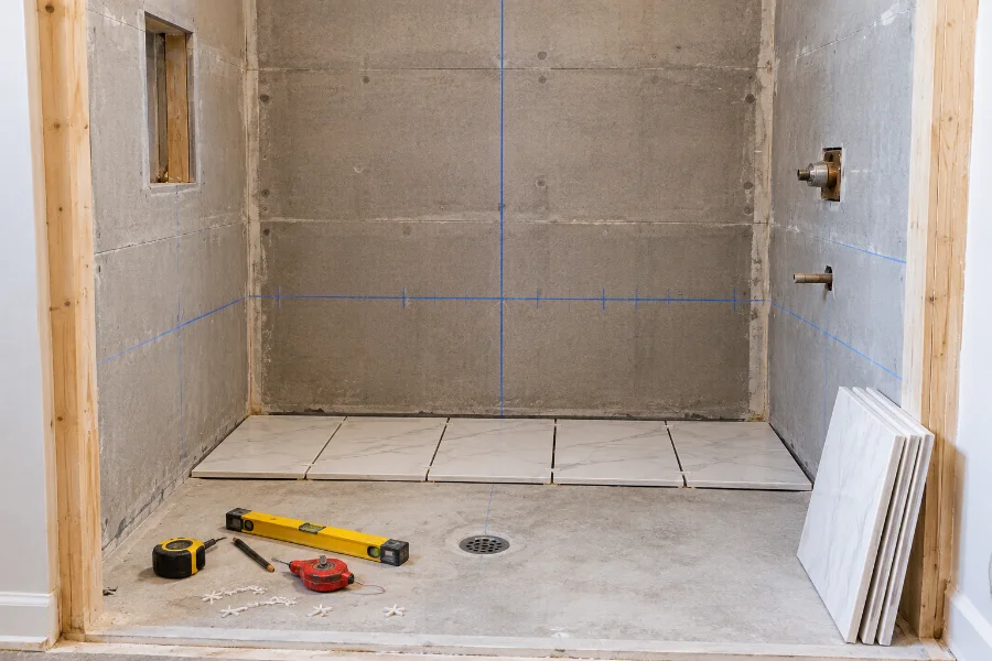planning shower wall tile layout with chalk lines and dry-laid tiles