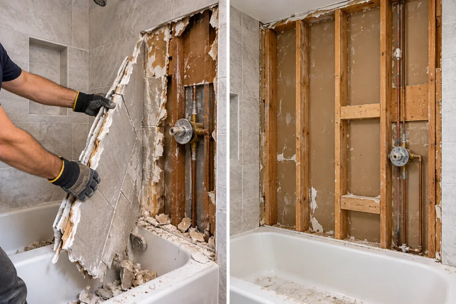 removing old shower tile and drywall in panels down to the studs