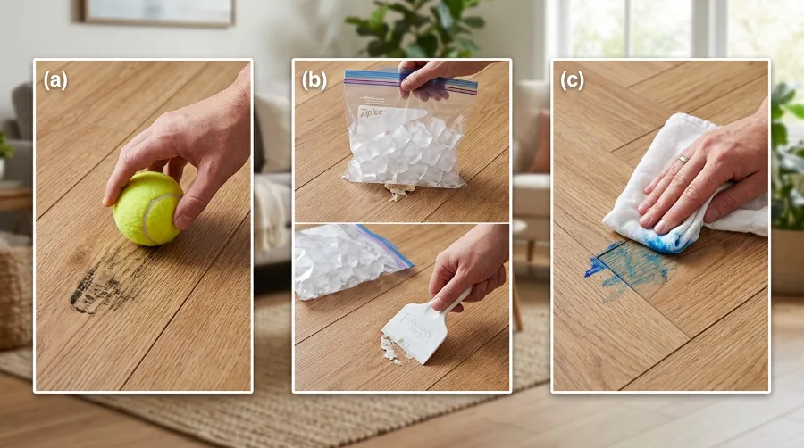 Removing laminate floor stains: tennis ball on a scuff mark, ice and plastic scraper on gum, and cloth dabbing marker