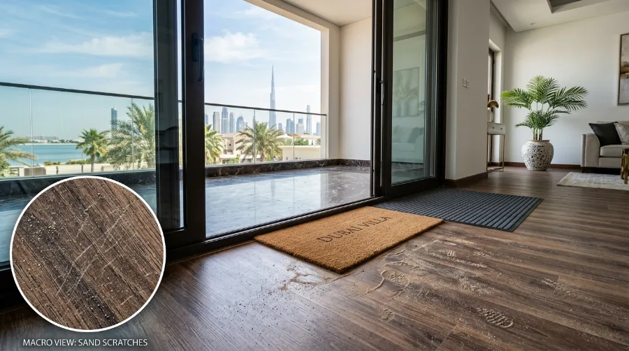 Fine desert sand tracked onto laminate flooring at a Dubai villa entrance next to a doormat