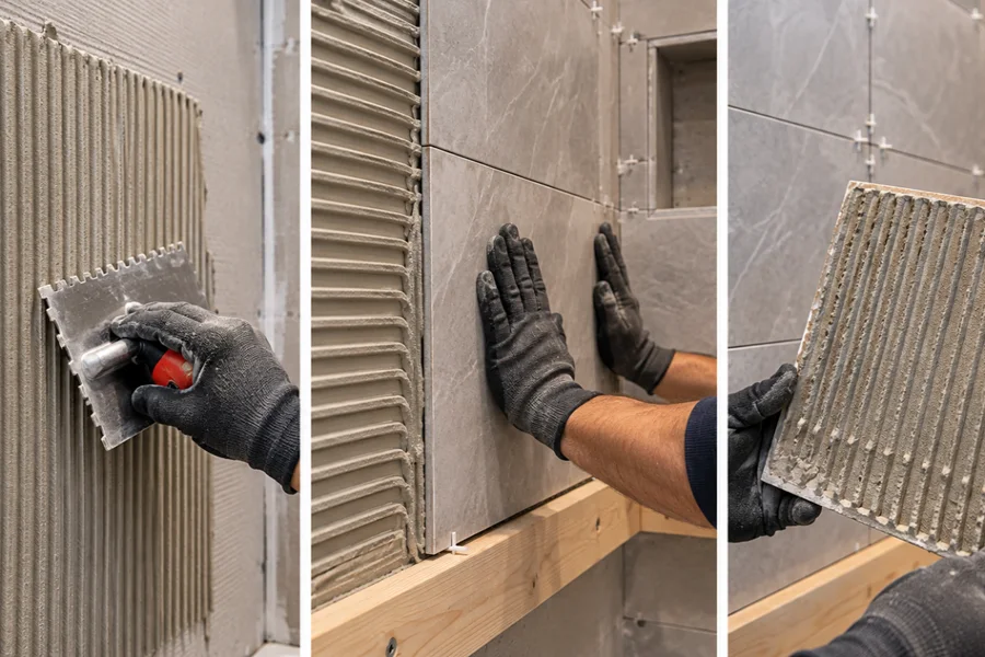 setting shower wall tile into notched thinset with spacers and leveling clips