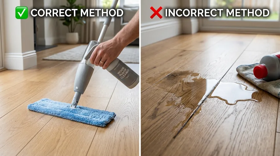 Correct method spraying laminate cleaner onto a microfiber mop pad versus cleaner pooling in a laminate floor seam