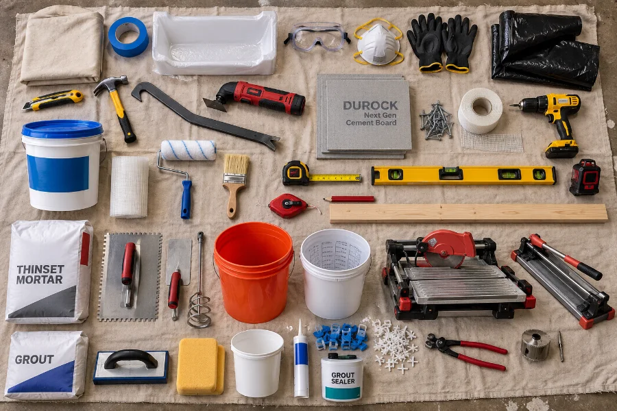 tools and materials needed to tile a shower wall laid out on a drop cloth