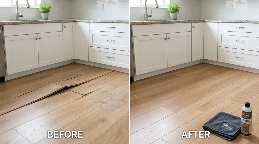 Swollen laminate floor seam from water damage beside the same area after plank replacement by Nova Floor